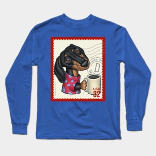 Funny Sausage Doxie dog drinking a cup of coffee Long Sleeve T-Shirt